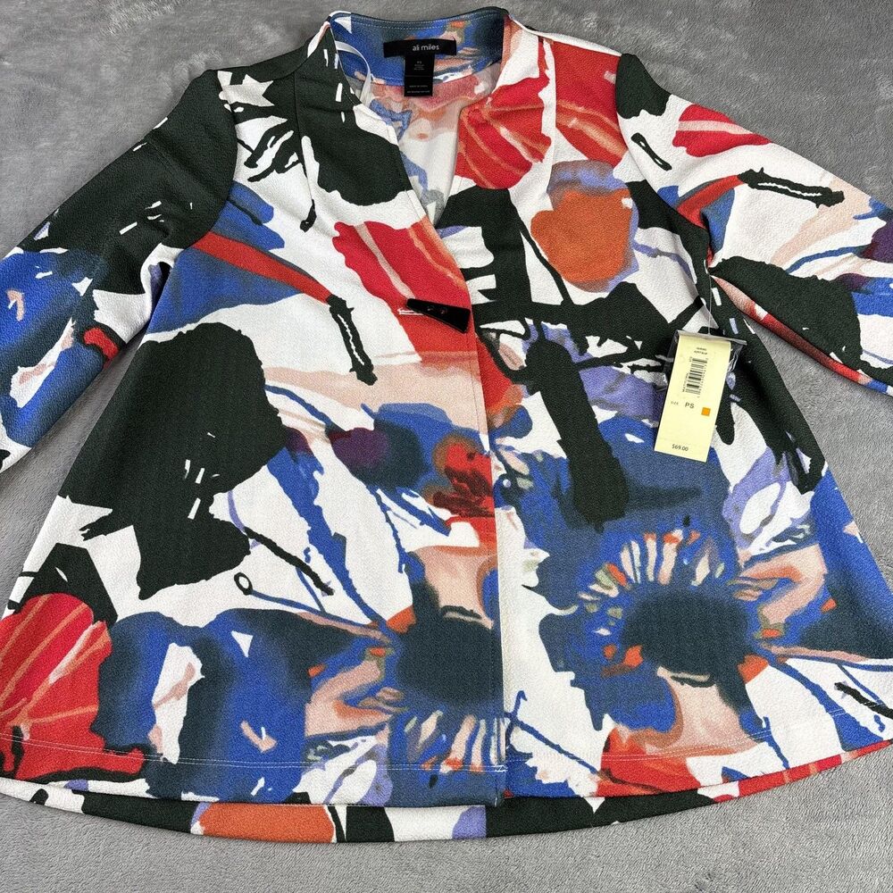 Ali Miles Jacket Womens Petite Small Multi Floral Toggle Open‎ Front 3/4 Sleeve